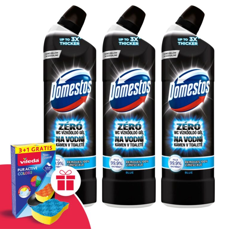 Domestos Zéró Blue WC Vízkőoldó 3x750ml + Ajándék Vileda Szivacs