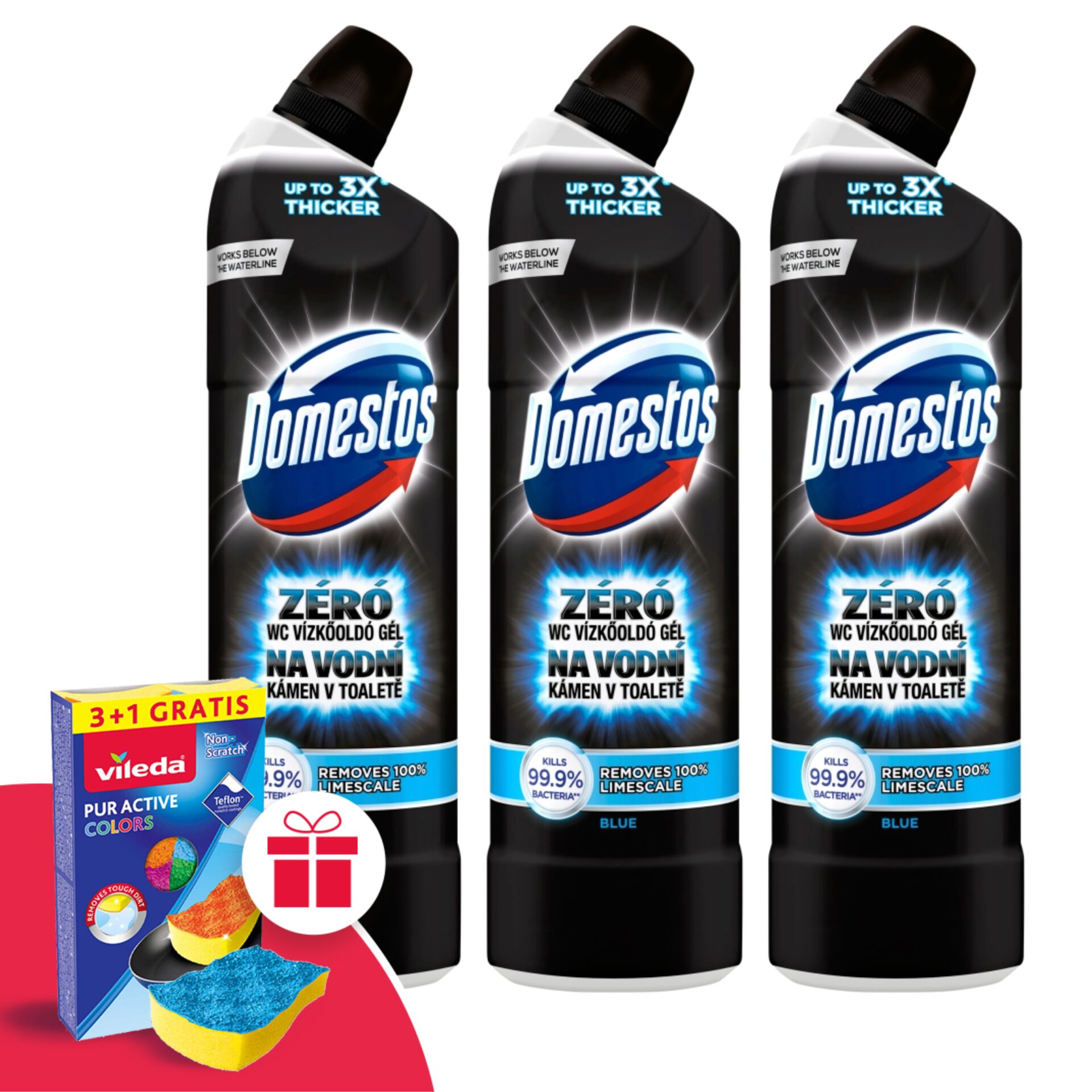 Domestos Zéró Blue WC Vízkőoldó 3x750ml + Ajándék Vileda Szivacs