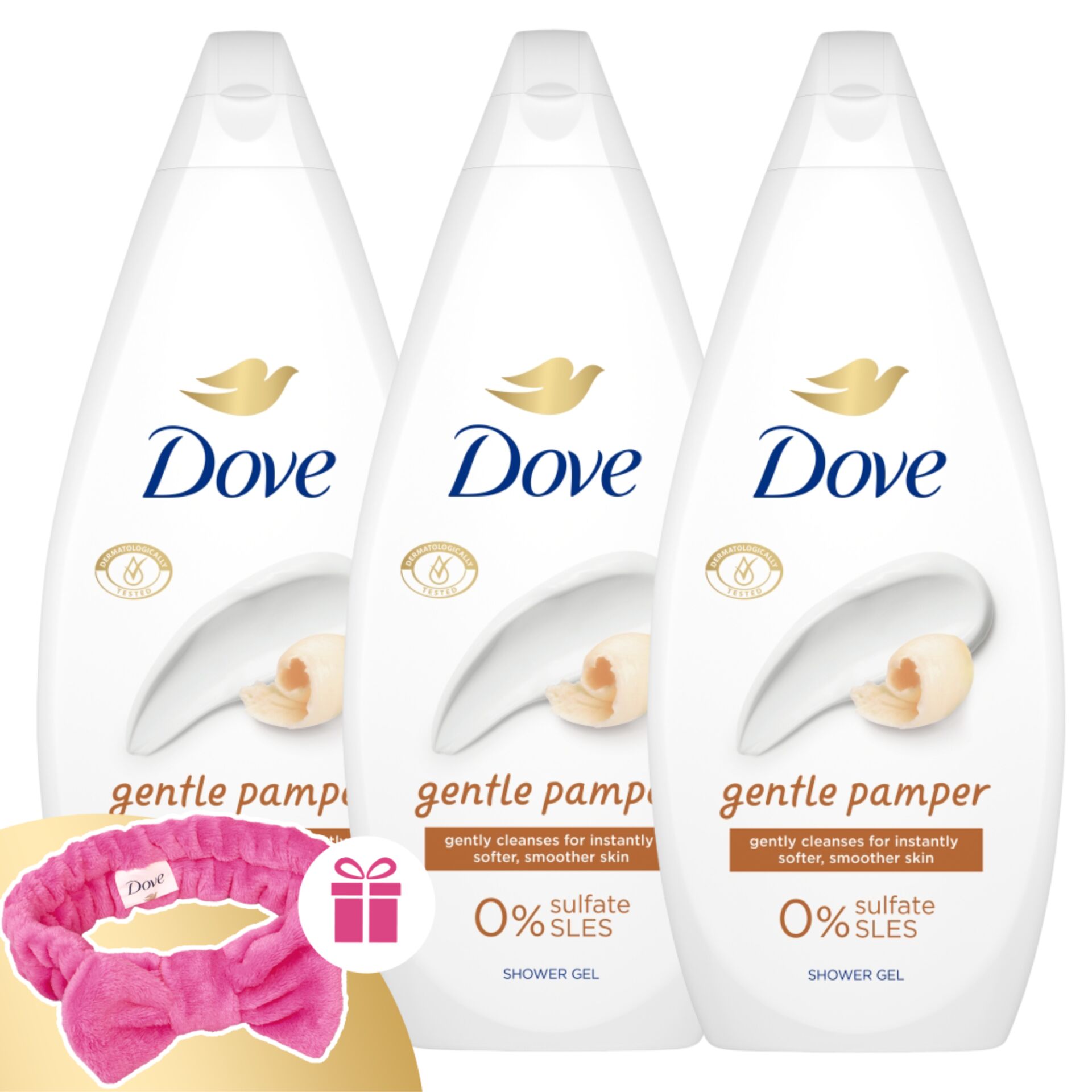 Dove Gentle Pamper Krémtusfürdő 3x720ml + Ajándék Hajpánt