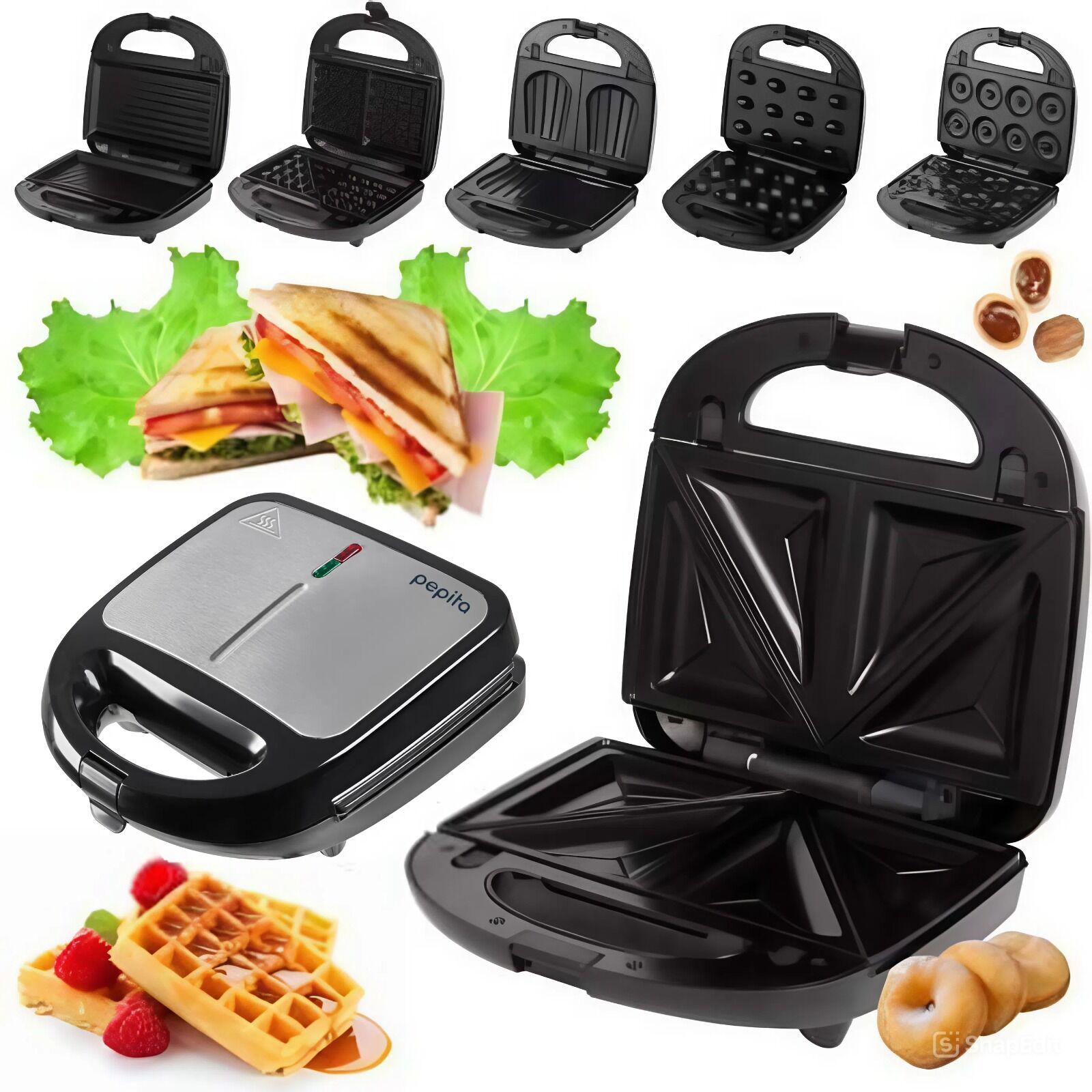 Pepita 6in1 Szendvicssütő cserélhető lapokkal 850W - ezüst-fekete