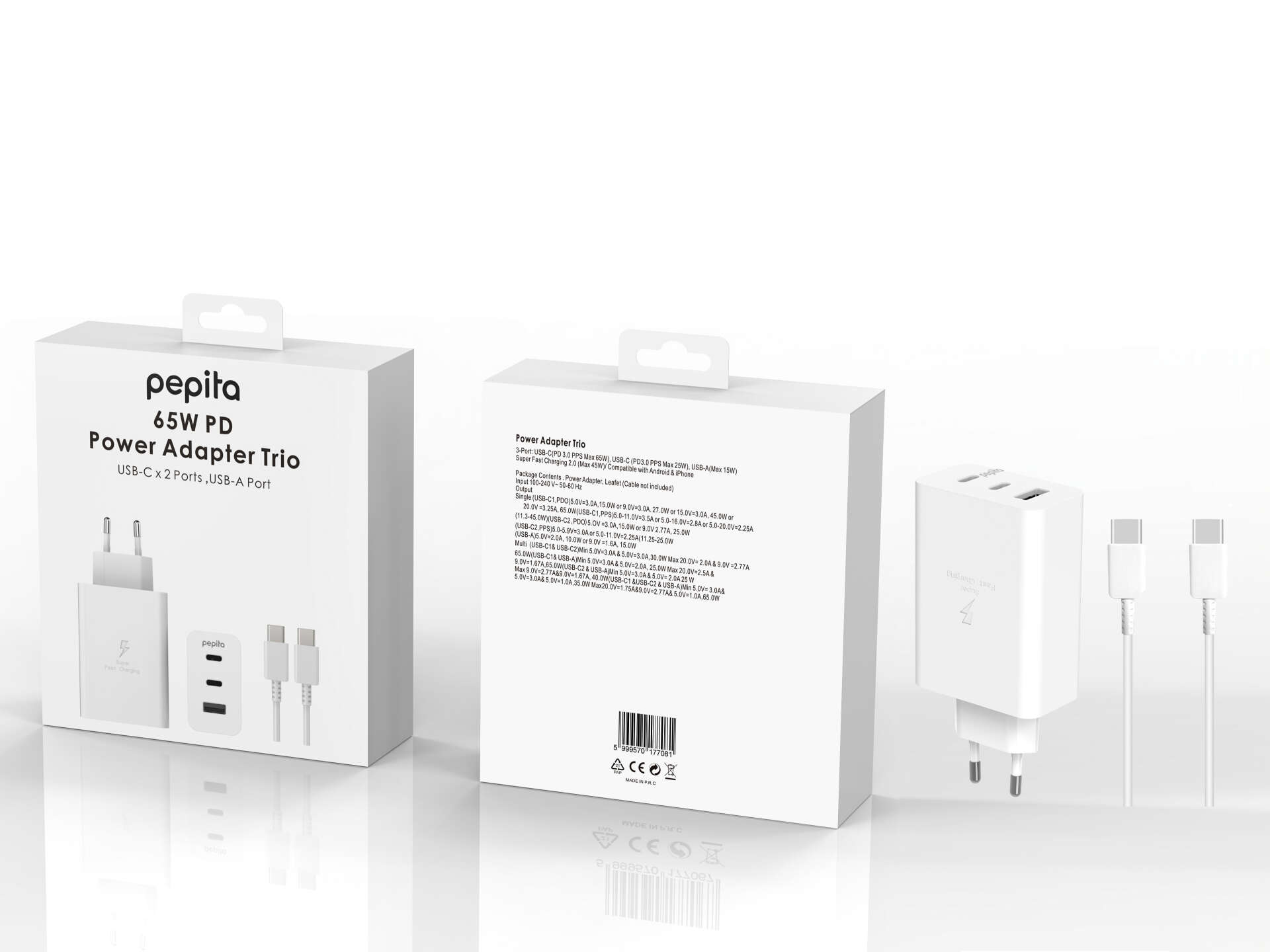 Pepita Trio Hálózati adapter töltőkábellel PD 65W USB-C/USB-A