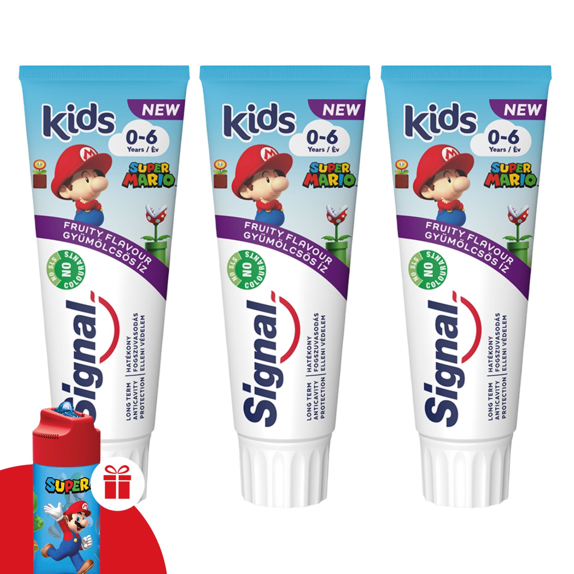 Signal Kids Super Mario gyümölcsös Fogkrém 3x75 ml + Ajándék Kulacs