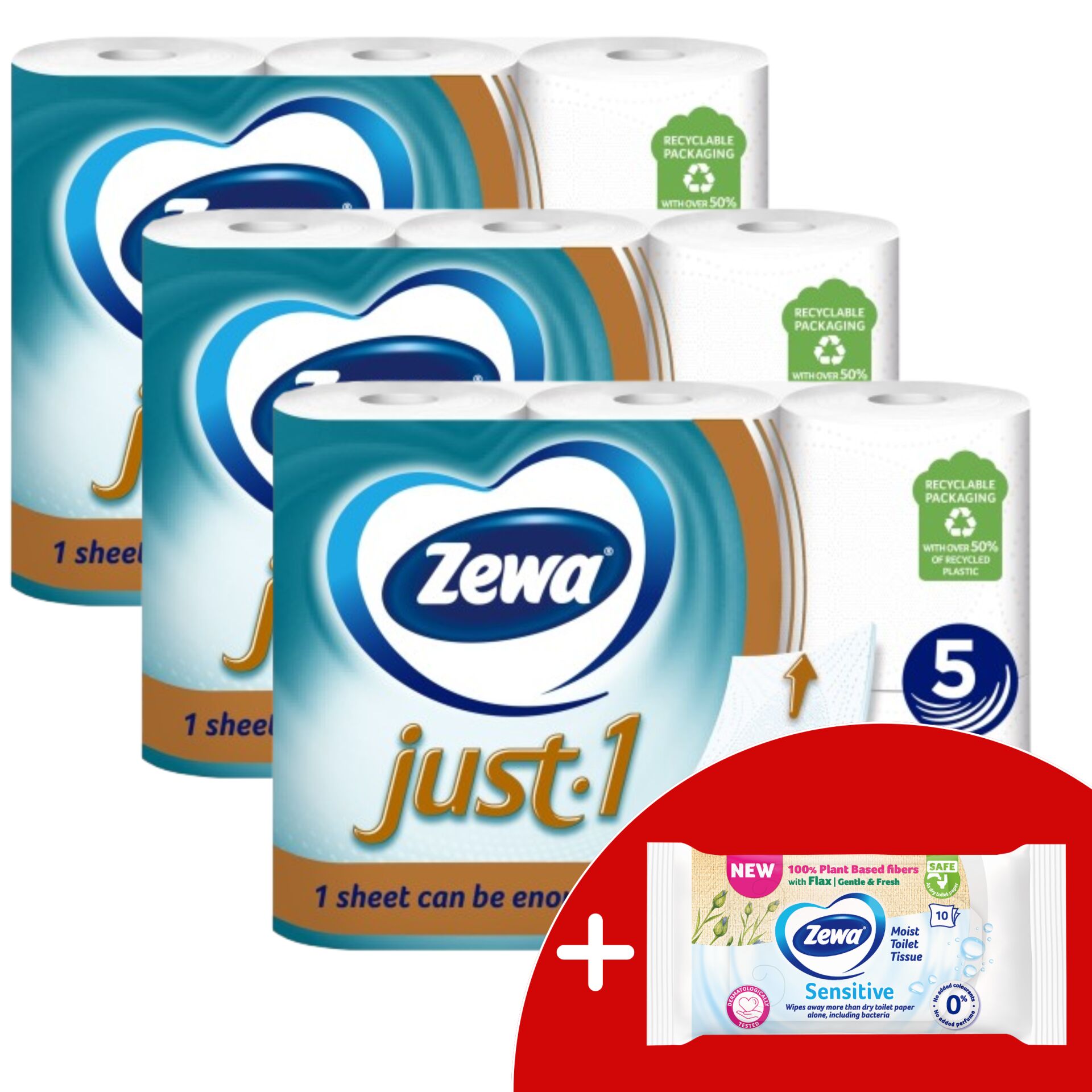Zewa Just1 5 rétegű Toalettpapír 3x6 tekercs + Ajándék nedves WC papír